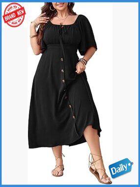 Plus Size Boho Maxi Dress Square Neck Short Sleeve Smocked Back Flowy